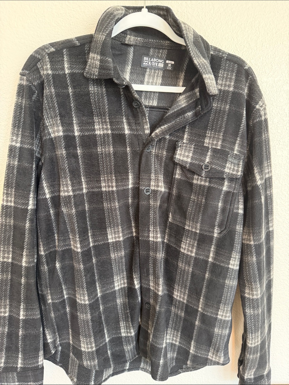 Billabong Gray and White Plaid Fleece Shirt M